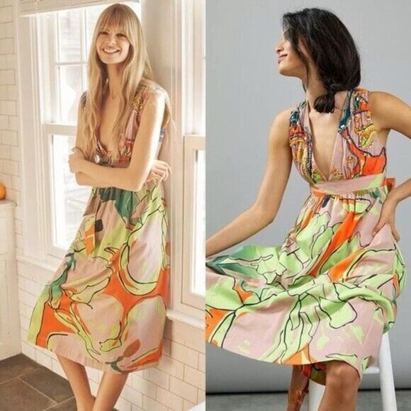 Anthropologie Nerida Midi Dress Medium Beaded V-Neck Colorful Print Cotton - Picture 14 of 14